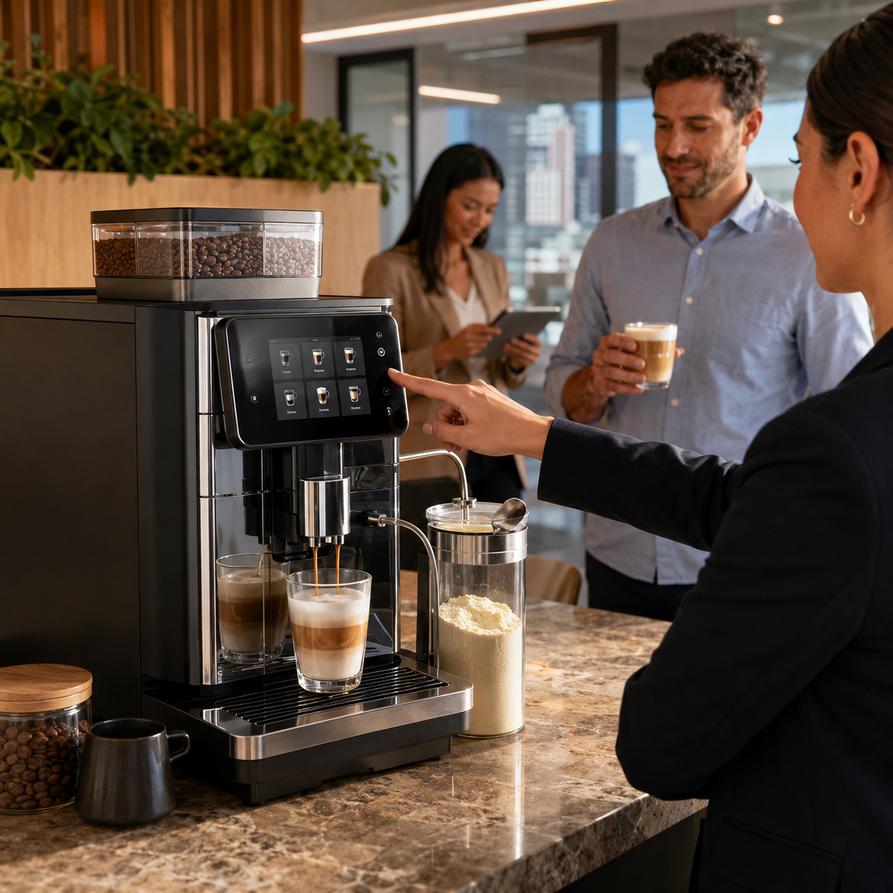 Commercial coffee machine using powdered milk system in a Melbourne office or café setting supplied and supported by Panica Coffee