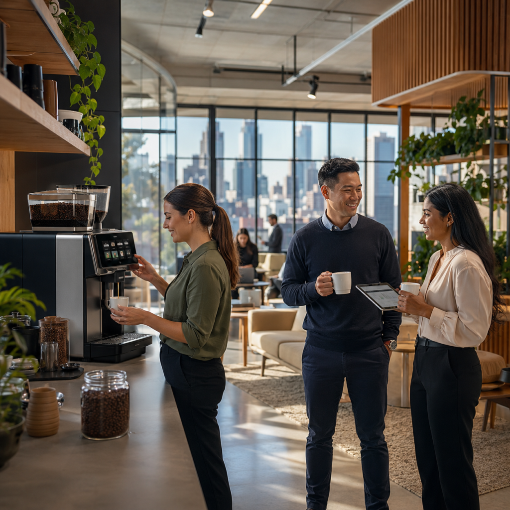 Modern office coffee machine rental in Melbourne workplace with happy team enjoying fresh barista-quality coffee supplied by Panica Coffee