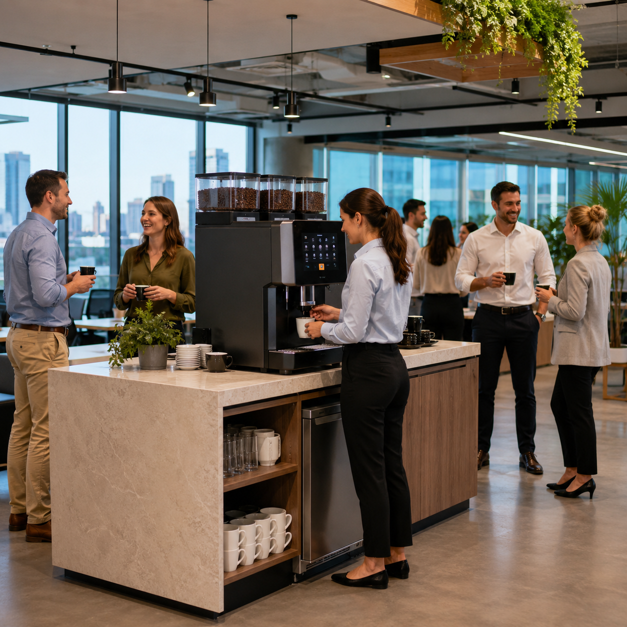 High-volume office coffee machine for large Melbourne workplaces with 50+ staff, showing fast brewing and happy team members