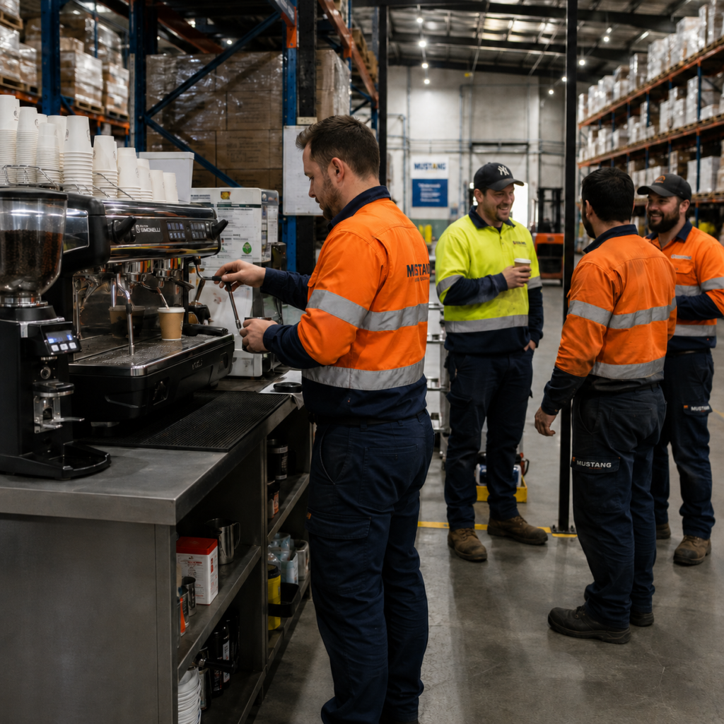 High-volume durable coffee machine rental for warehouses and factories in Melbourne with workers in hi-vis