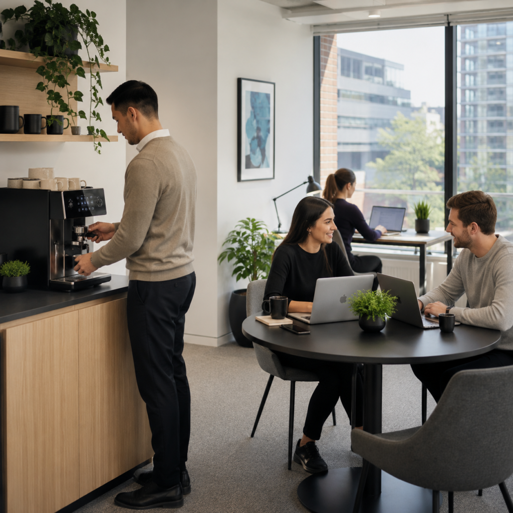 Flexible hybrid work coffee machine rental setup in a modern Melbourne office with diverse team members
