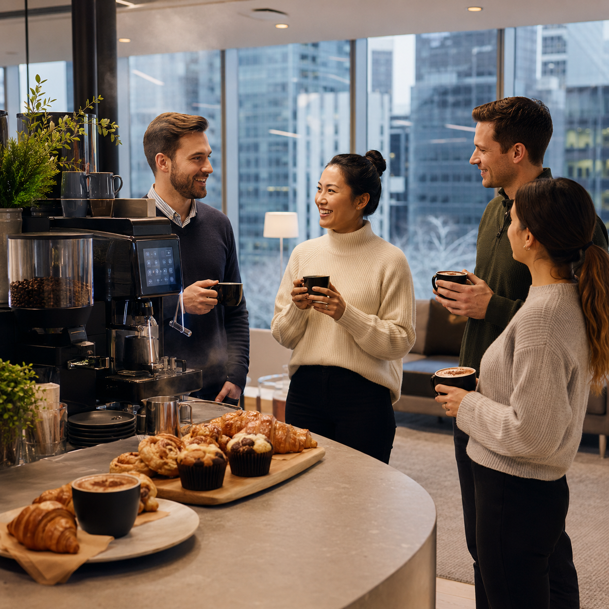 Warm winter coffee menu ideas for Melbourne offices including spiced chai latte, gingerbread flat white, and hazelnut mocha