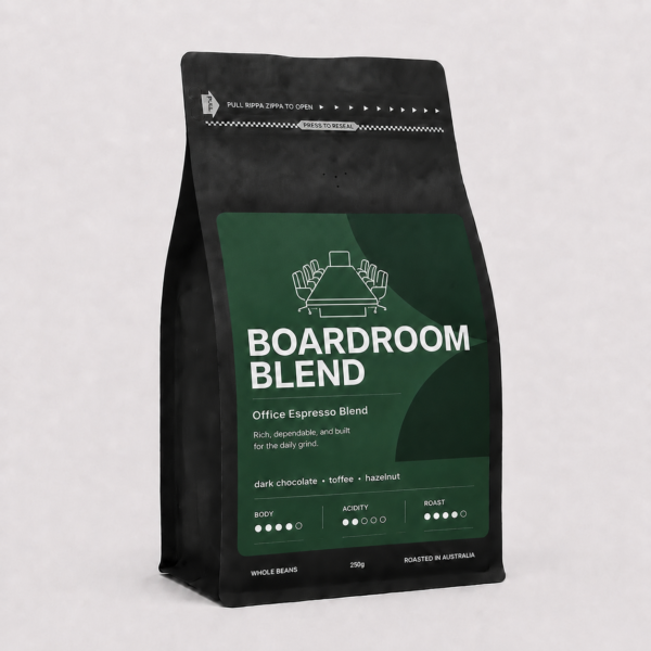 Boardroom Blend premium coffee beans bag by Panica Coffee, rich roast ideal for offices and corporate use in Melbourne