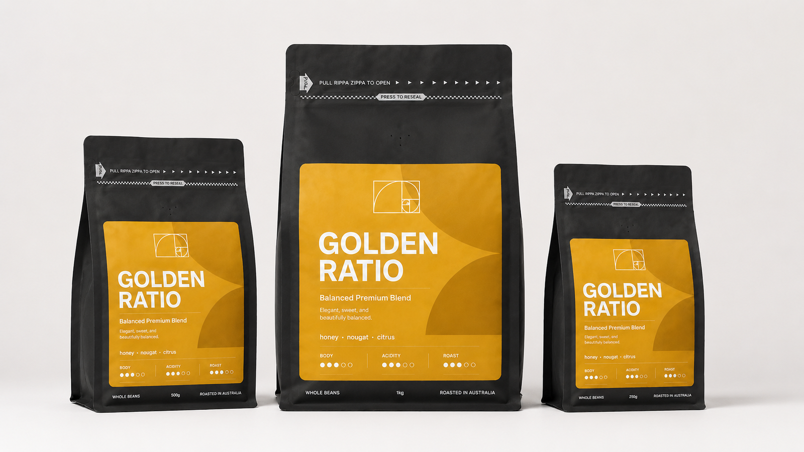 Golden Ratio premium coffee beans bag by Panica Coffee, perfectly balanced specialty roast for Melbourne espresso and filter