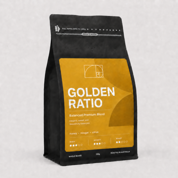 Golden Ratio premium coffee beans bag by Panica Coffee, perfectly balanced specialty roast for espresso and commercial machines in Melbourne