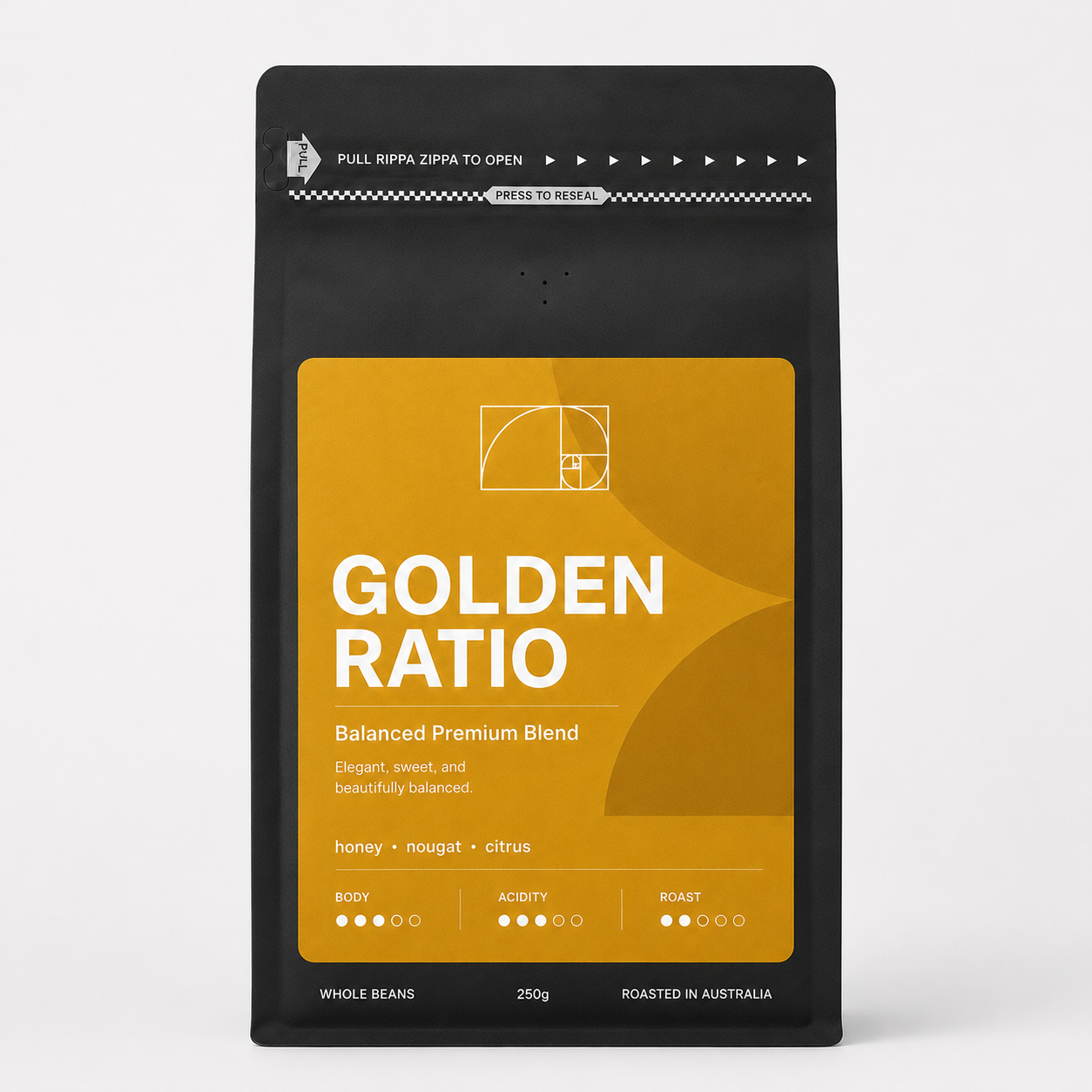 Golden Ratio premium coffee beans bag by Panica Coffee, perfectly balanced specialty roast for espresso and office machines in Melbourne