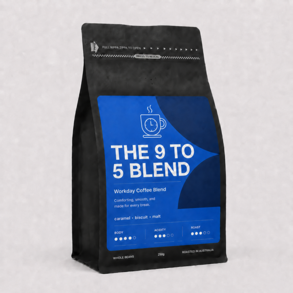 The 9 to 5 Blend premium coffee beans bag by Panica Coffee, ideal workday roast for offices and espresso machines in Melbourne