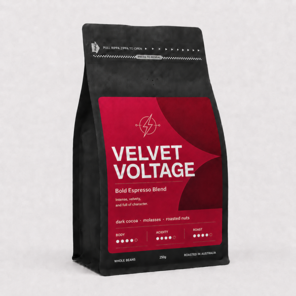 Velvet Voltage premium coffee beans bag by Panica Coffee, smooth velvety roast perfect for espresso and milk-based drinks in Melbourne