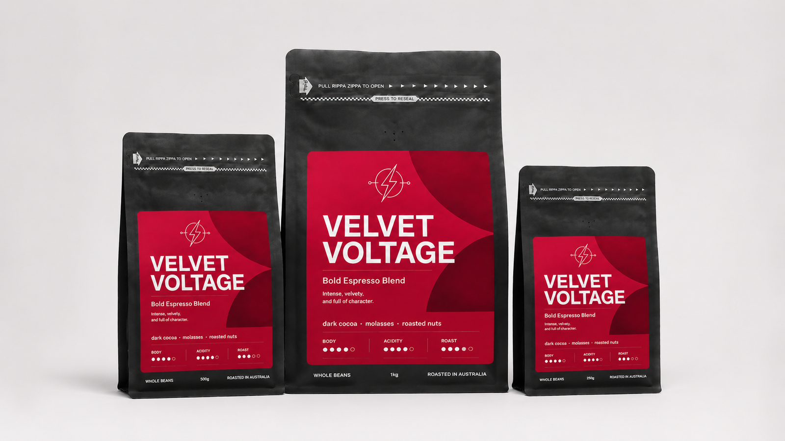 Velvet Voltage premium coffee beans bag by Panica Coffee, smooth and energising roast for Melbourne businesses