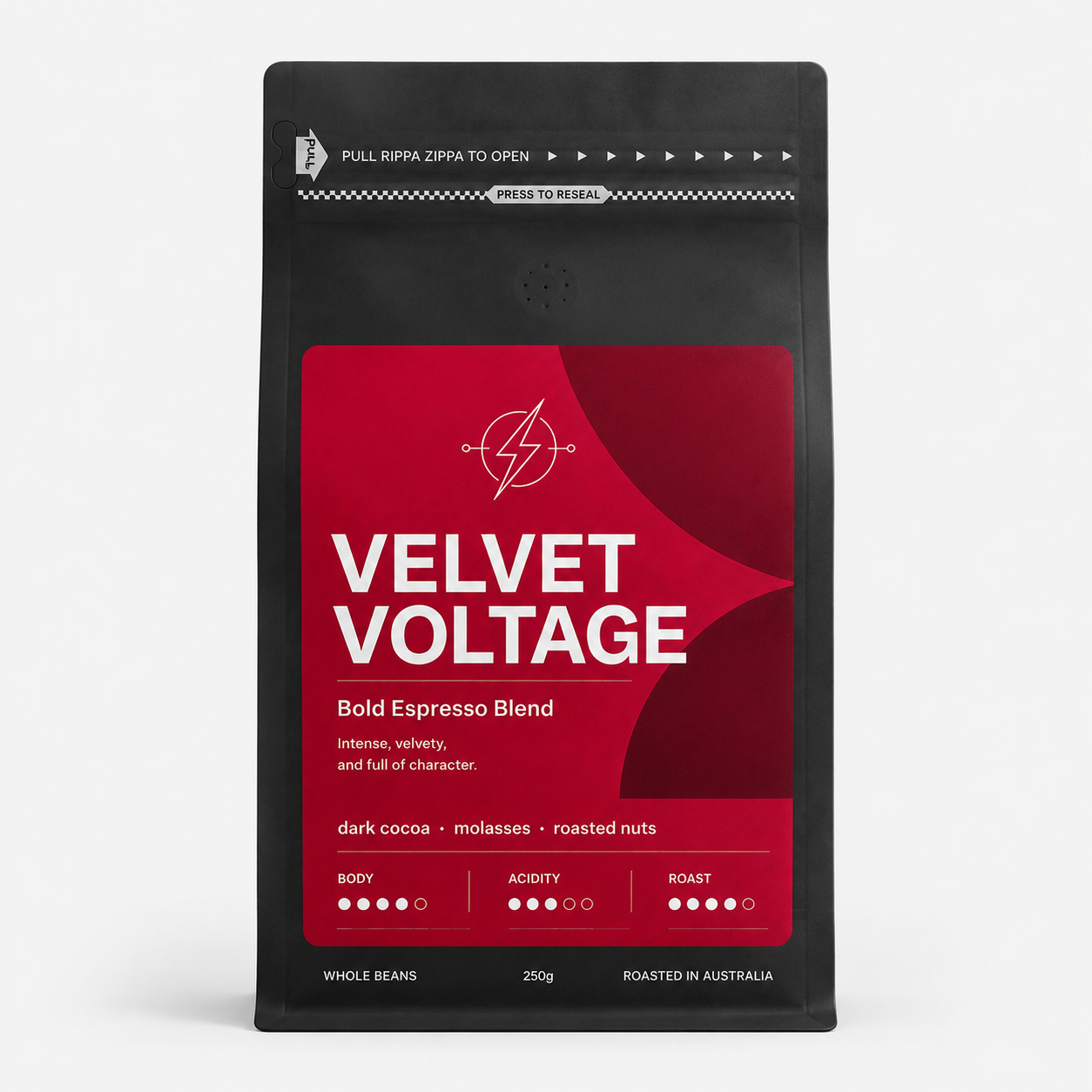 Velvet Voltage premium coffee beans bag by Panica Coffee, smooth and bold roast perfect for espresso machines and offices in Melbourne