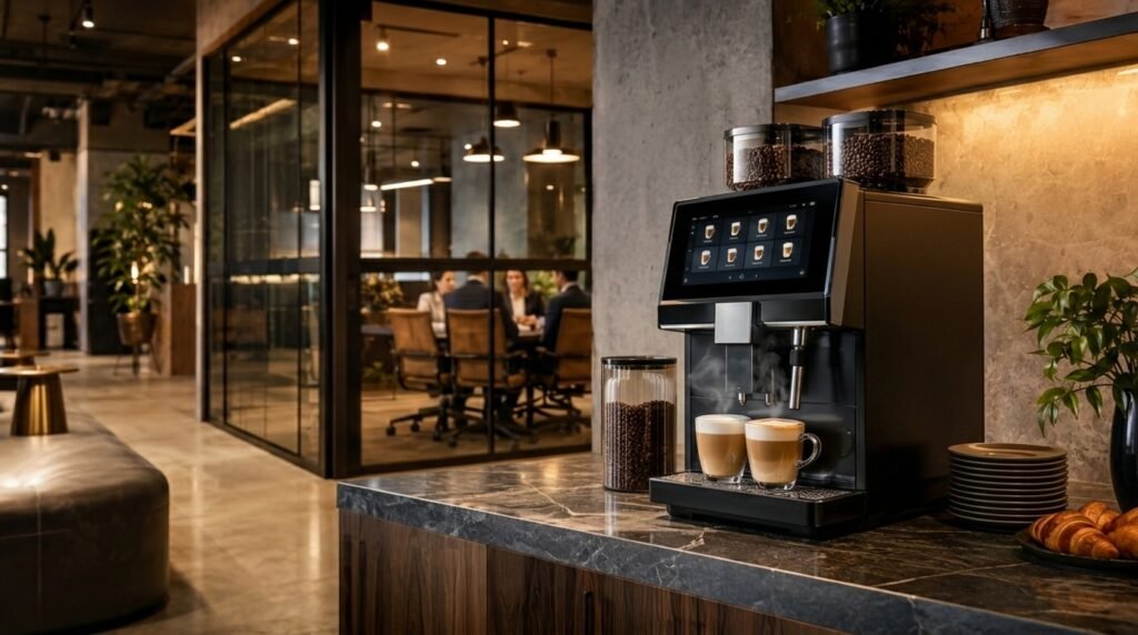 Modern commercial bean-to-cup coffee machine on an office kitchen countertop, warm lighting, coffee brewing with visible steam