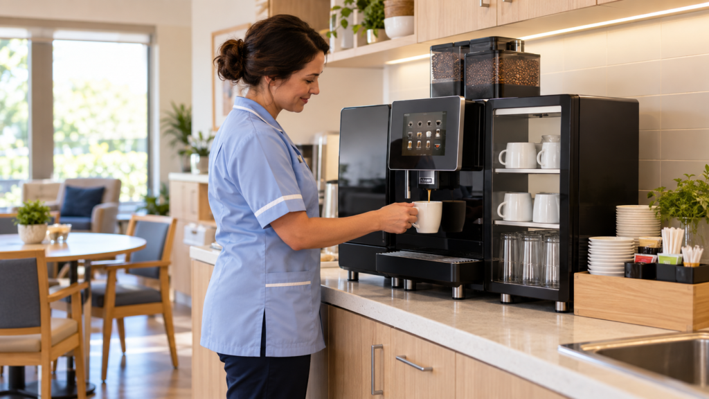 Care worker in a light blue uniform taking a coffee from a commercial superautomatic machine in an aged care staff room