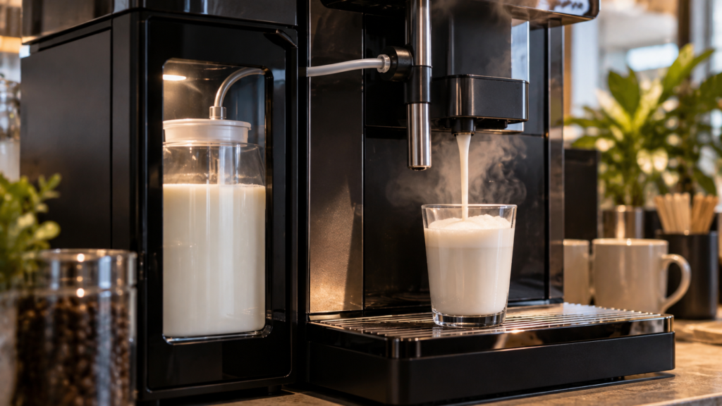 Commercial coffee machine dispensing textured milk into a glass beside a refrigerated milk container
