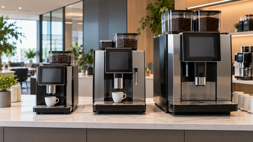 Three commercial superautomatic coffee machines of increasing size lined up on a showroom bench