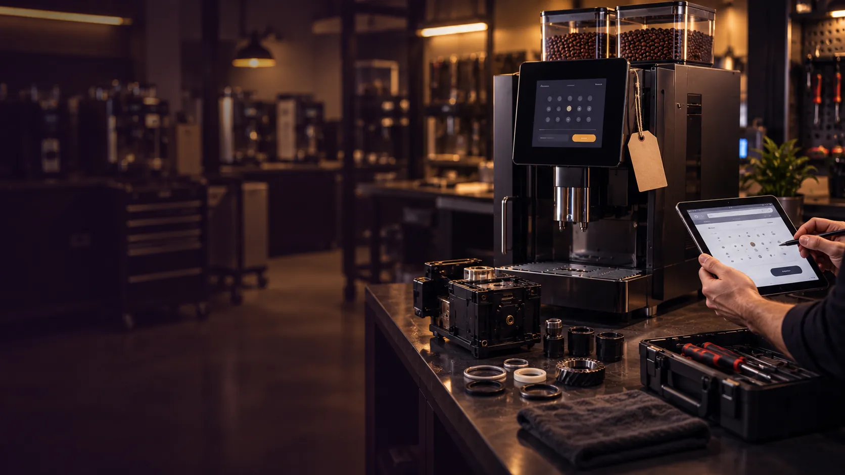 Super-automatic commercial coffee machine being booked in for repair at a service workshop