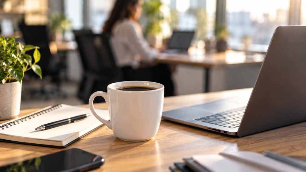 White ceramic cup of black coffee on an office desk beside a notebook and laptop in morning light