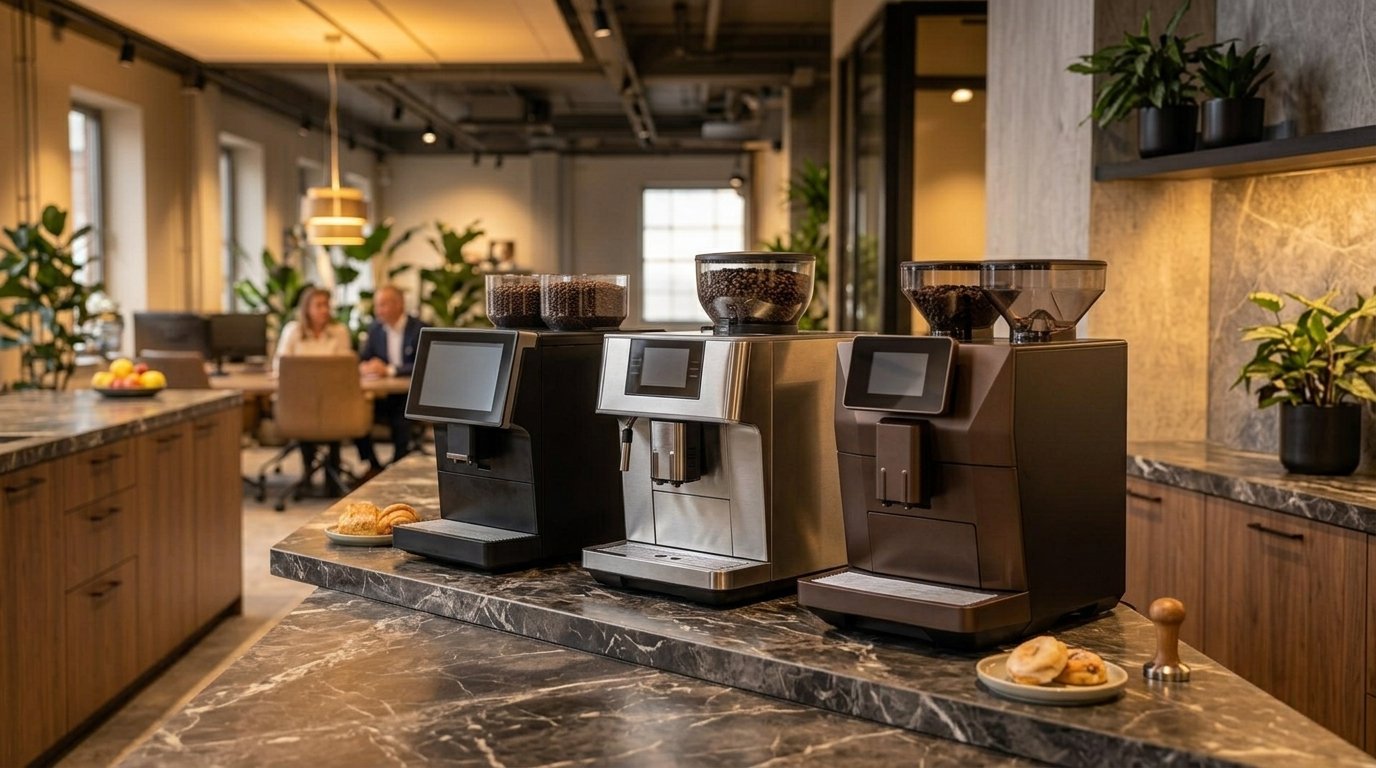 Three distinct premium commercial bean-to-cup coffee machines lined up side by side on an office kitchen counter, representing a comparison of coffee machine brands