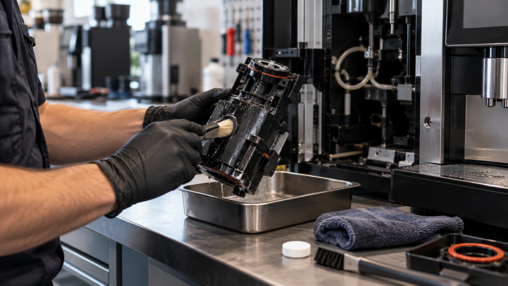 Gloved hands cleaning the brew unit of a commercial coffee machine on a workshop bench with cleaning tablets and a brush