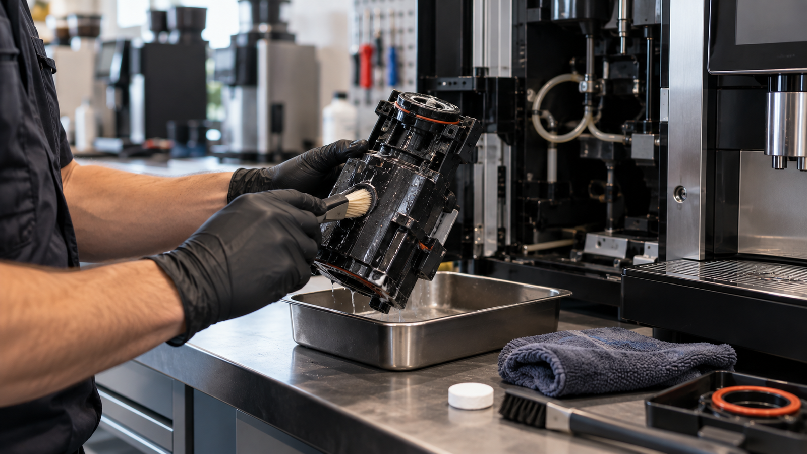 Gloved hands cleaning the brew unit of a commercial coffee machine on a workshop bench with cleaning tablets and a brush
