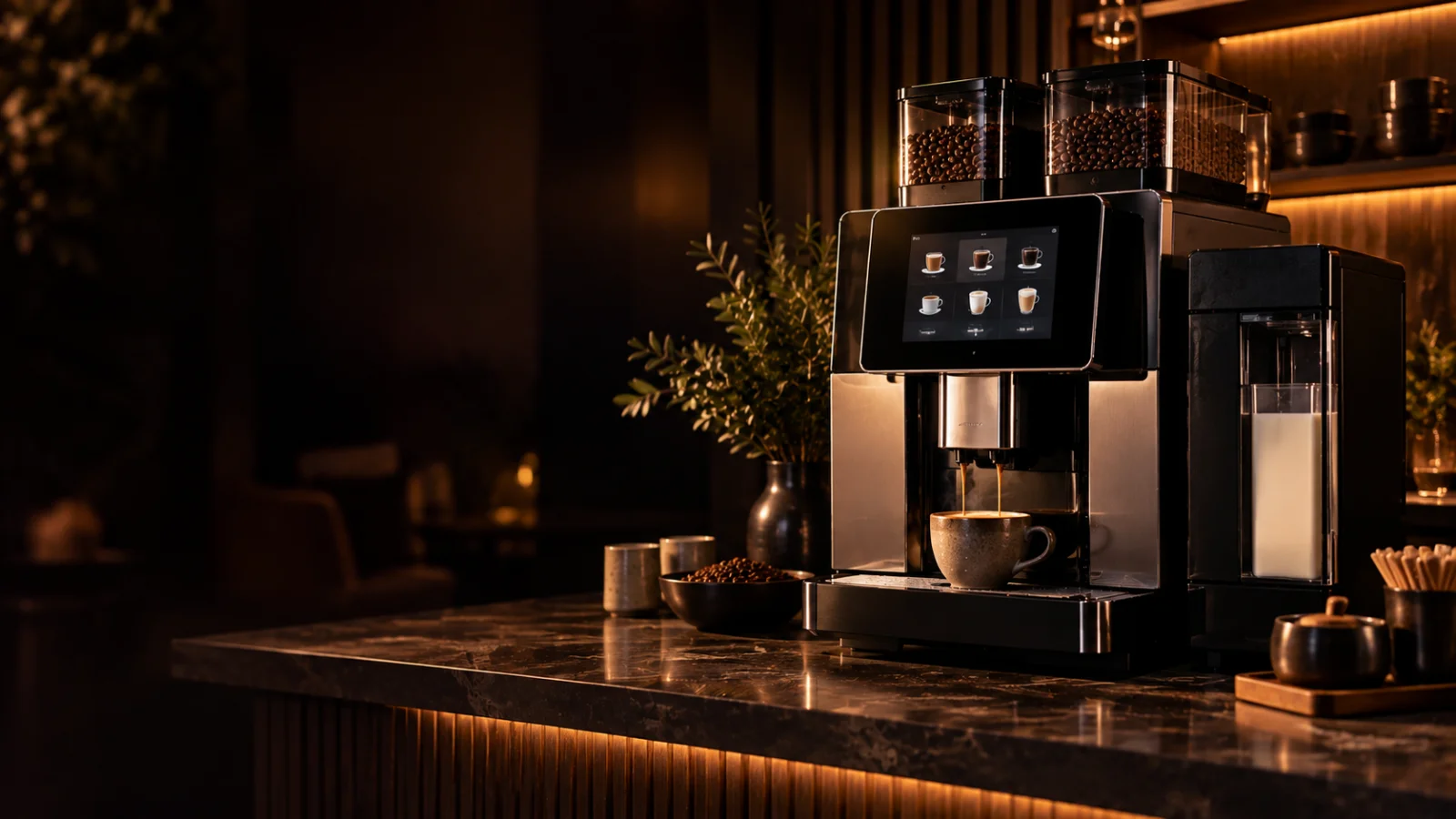 A luxury superautomatic espresso machine on a dark stone counter under warm amber light, representing coffee machine repair for Albert Park 3206 customers at Panica Coffee