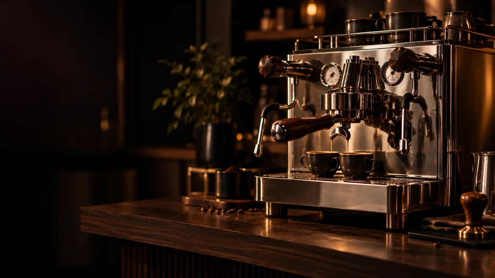 A prosumer dual boiler espresso machine in polished stainless steel with a brass portafilter, on a dark walnut counter, representing coffee machine repair for Armadale 3143 customers at Panica Coffee