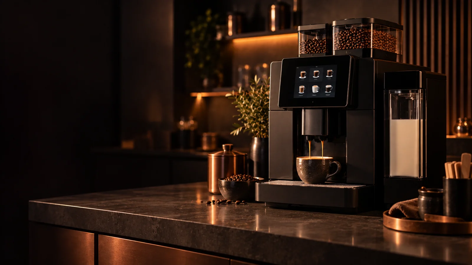 A compact matte black bean-to-cup machine on a dark polished concrete counter with copper accents, representing coffee machine repair for Balaclava 3183 customers at Panica Coffee