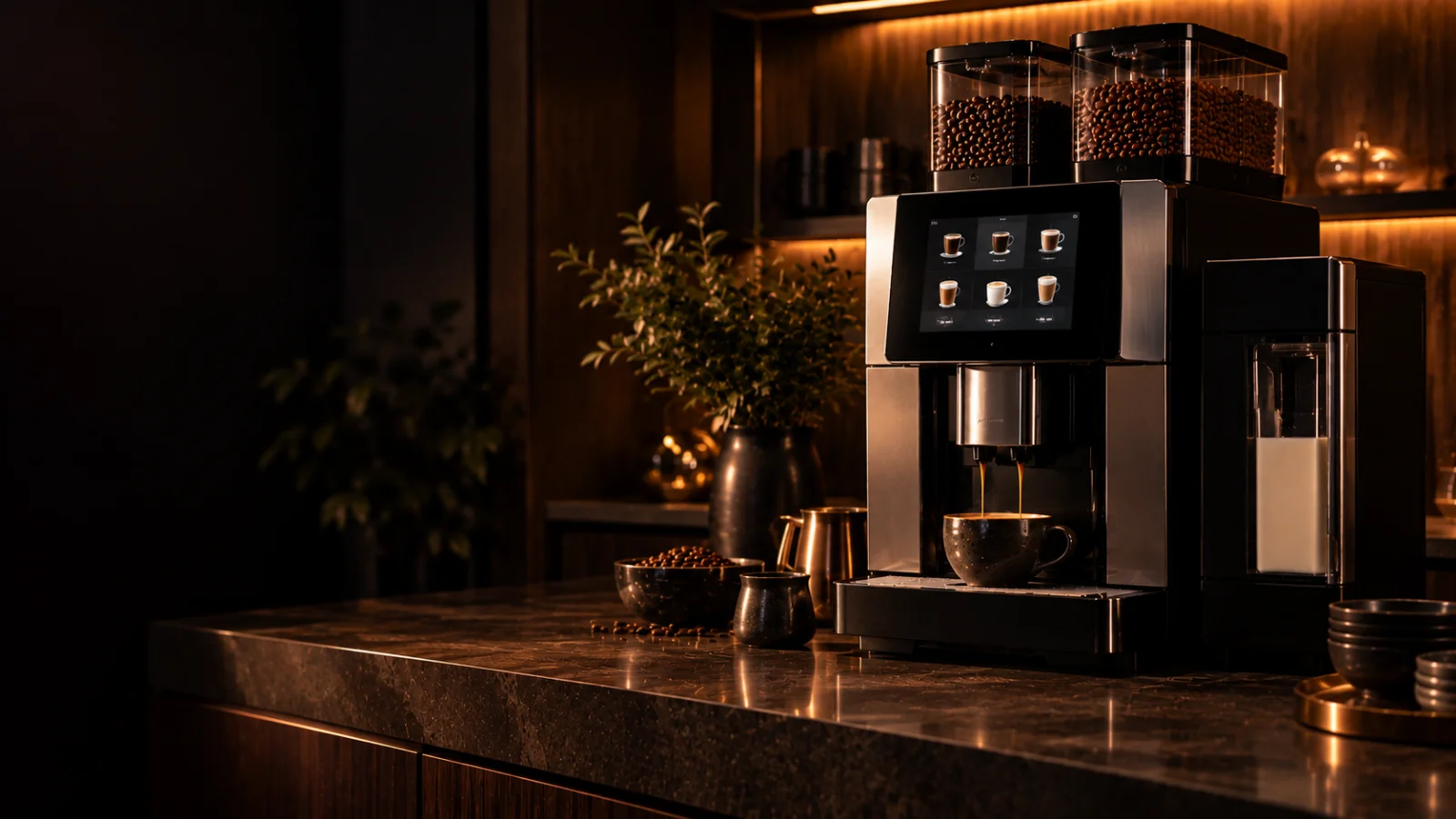 A superautomatic machine with twin glass bean hoppers against dark timber cabinetry, representing coffee machine repair for Bentleigh 3204 customers at Panica Coffee