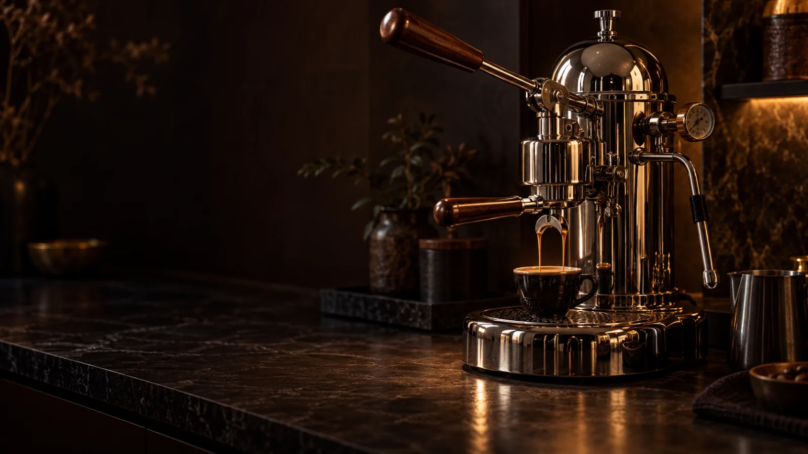 A traditional lever espresso machine with a polished chrome dome on a dark stone counter, representing coffee machine repair for Brighton 3186 customers at Panica Coffee