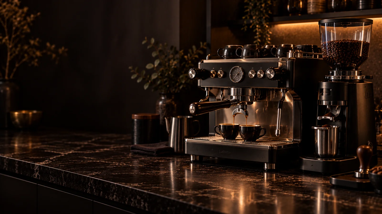 A prosumer espresso machine beside its matching burr grinder on dark marble, representing coffee machine repair for Caulfield 3162 customers at Panica Coffee