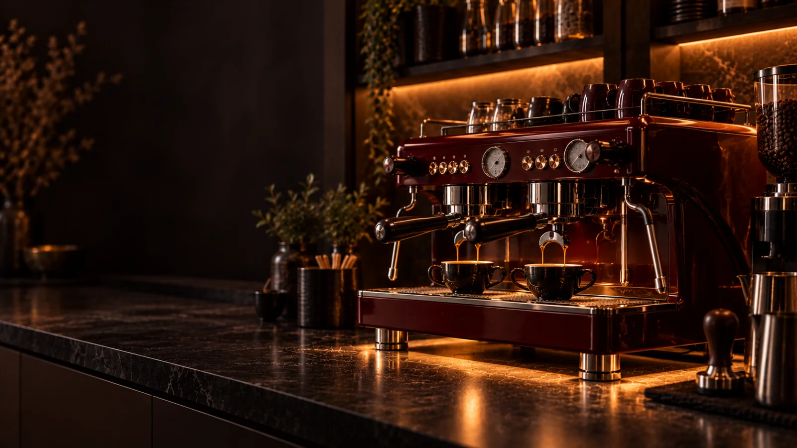 A deep burgundy espresso machine at a three-quarter angle, lit from below in warm amber, representing coffee machine repair for Elsternwick 3185 customers at Panica Coffee