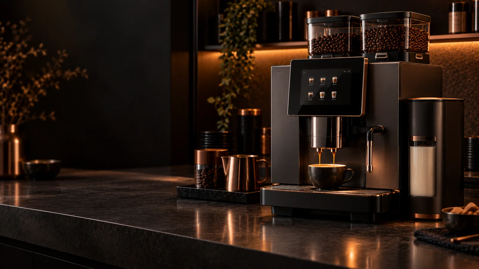 A matte graphite superautomatic on dark polished concrete with copper accents, representing coffee machine repair for Elwood 3184 customers at Panica Coffee