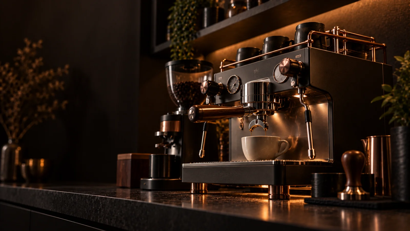 A compact prosumer espresso machine shot from a low angle with copper piping visible, representing coffee machine repair for Gardenvale 3185 customers at Panica Coffee