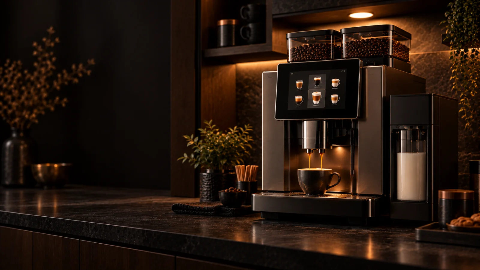 A superautomatic with a lit touchscreen panel against dark oak cabinetry, representing coffee machine repair for Glen Iris 3146 customers at Panica Coffee