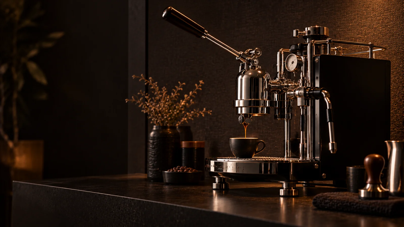 A chrome and black lever espresso machine in side profile against a dark linen backdrop, representing coffee machine repair for Hampton 3188 customers at Panica Coffee