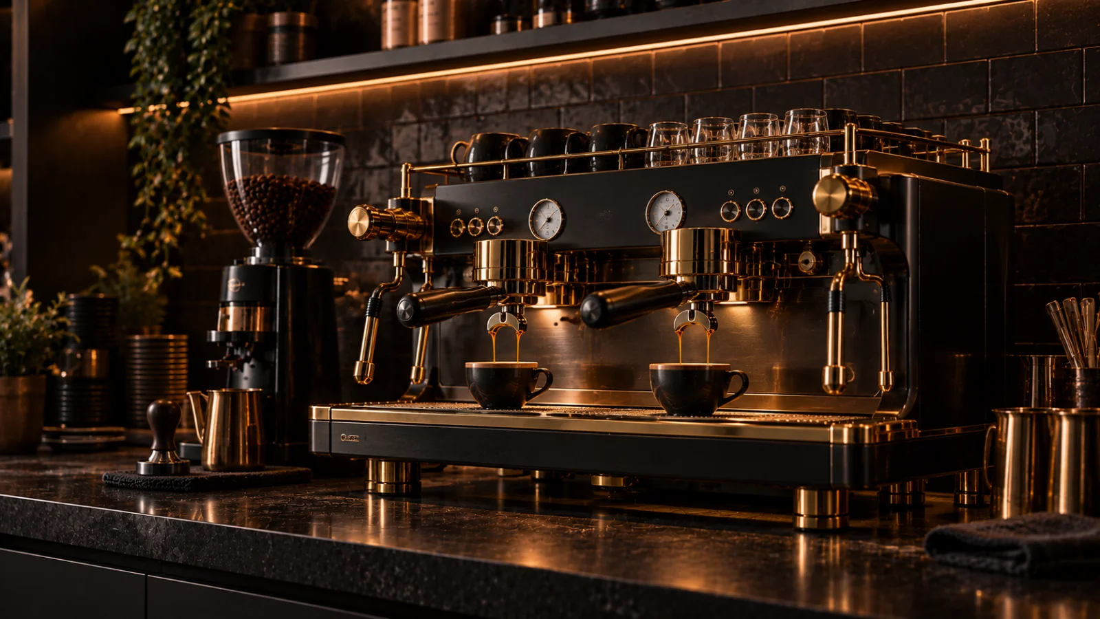 A two-group commercial espresso machine with brass fittings against a dark tiled wall, representing coffee machine repair for Hawthorn 3122 customers at Panica Coffee