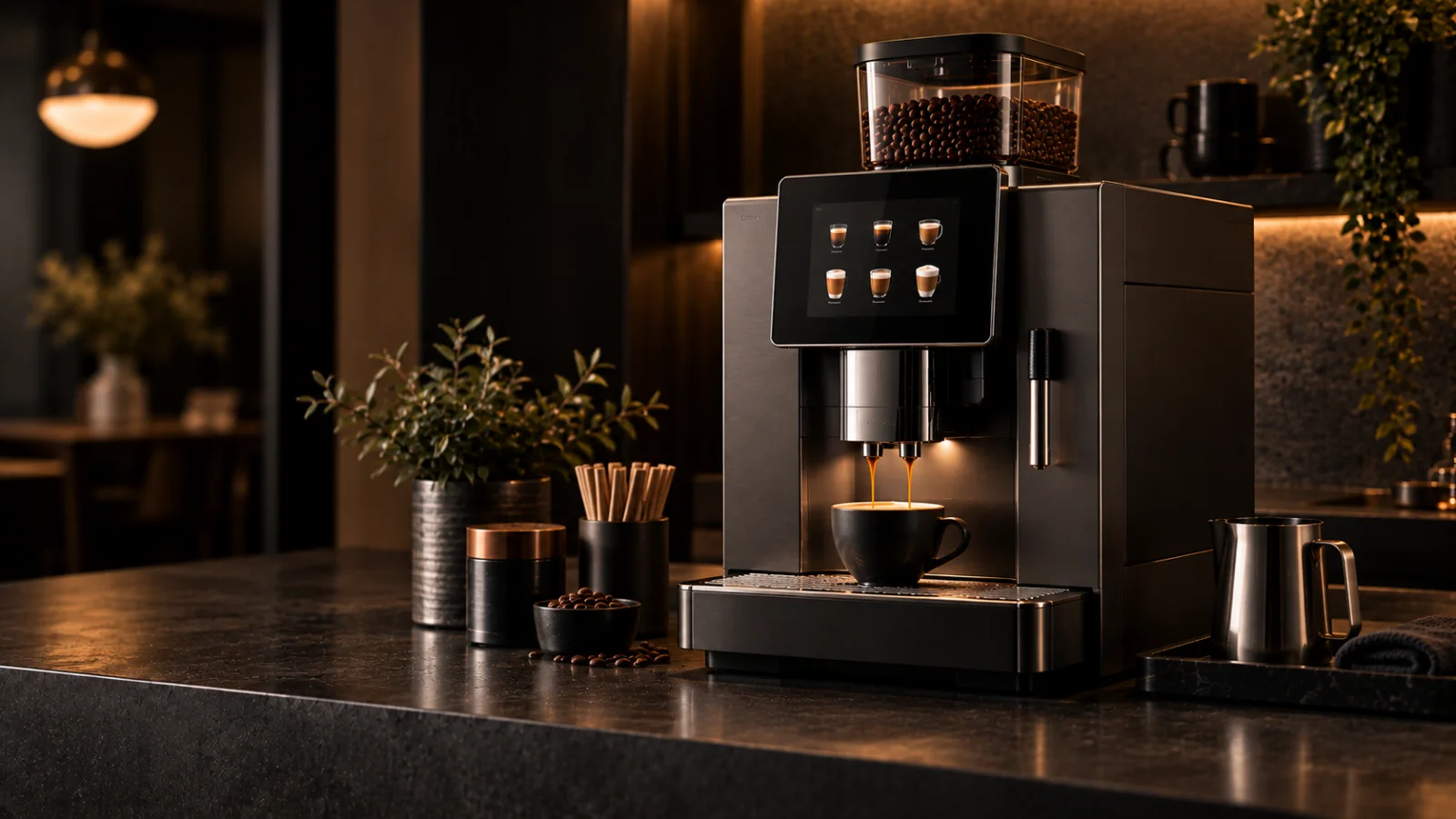 A graphite superautomatic with a single glass bean hopper on a dark concrete bench, representing coffee machine repair for Highett 3190 customers at Panica Coffee