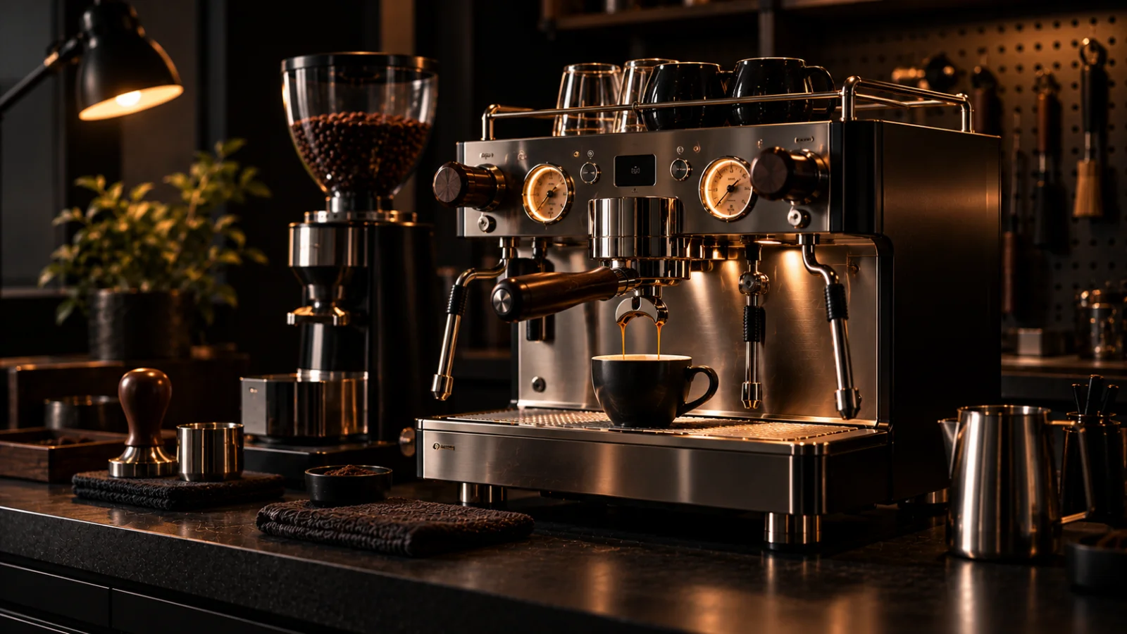 A prosumer dual boiler machine with its pressure gauges lit, on a dark workbench, representing coffee machine repair for Kooyong 3144 customers at Panica Coffee