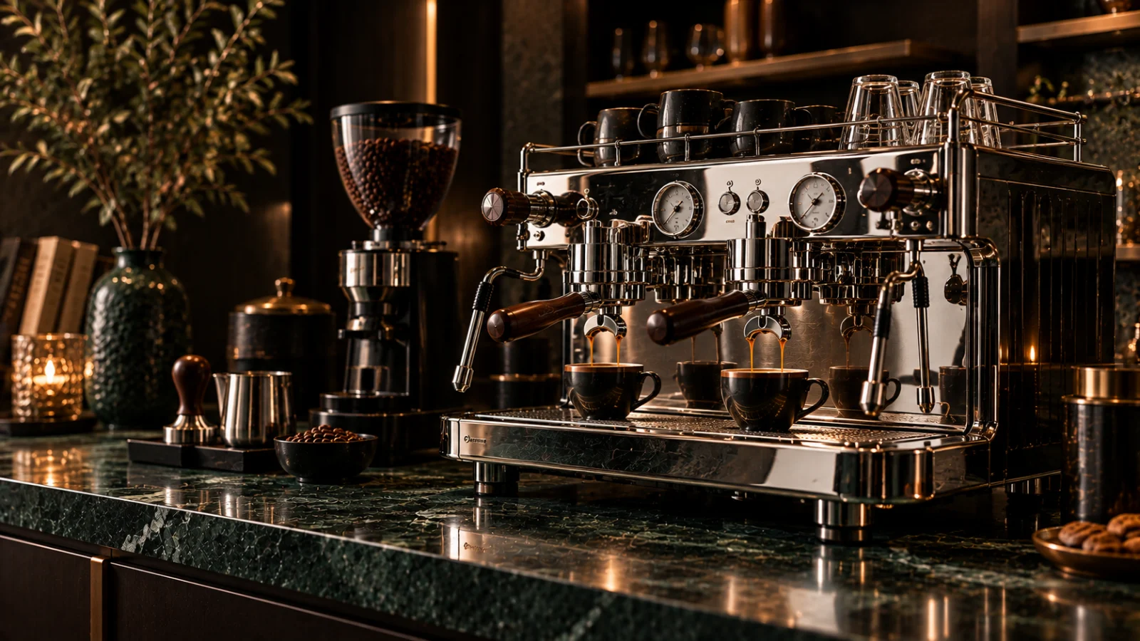 A polished chrome espresso machine on a dark green marble counter, representing coffee machine repair for Malvern 3144 customers at Panica Coffee