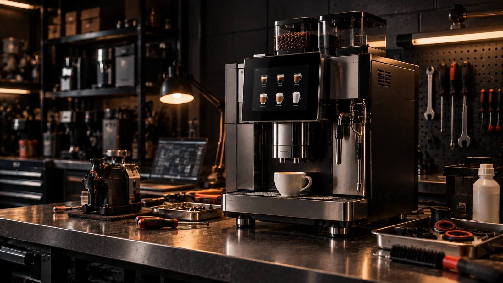 A commercial espresso machine on a stainless steel bench in a dark workshop, representing coffee machine repair for Moorabbin 3189 customers at Panica Coffee
