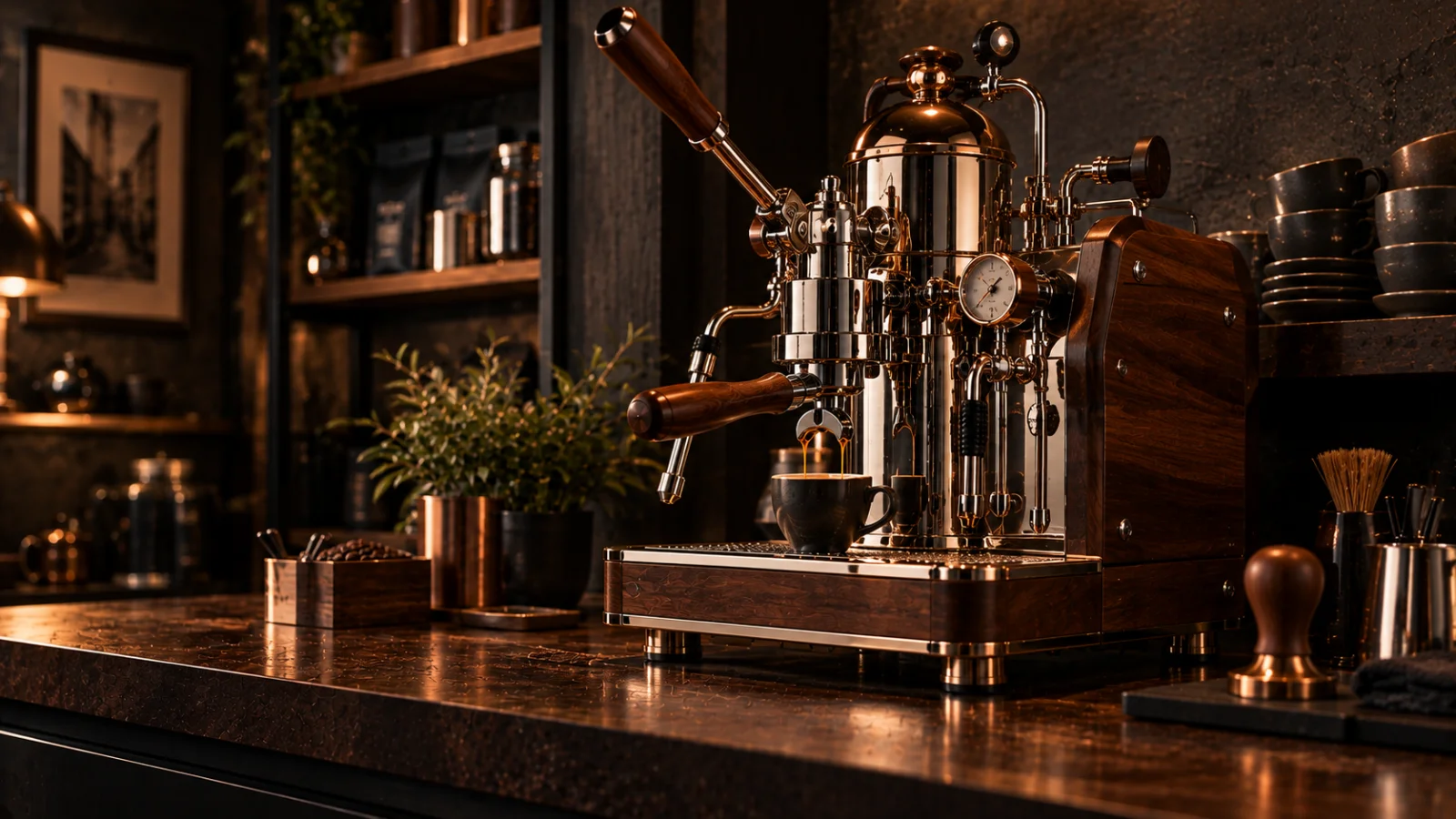 A traditional Italian lever espresso machine with copper and dark timber detailing, representing coffee machine repair for Oakleigh 3166 customers at Panica Coffee