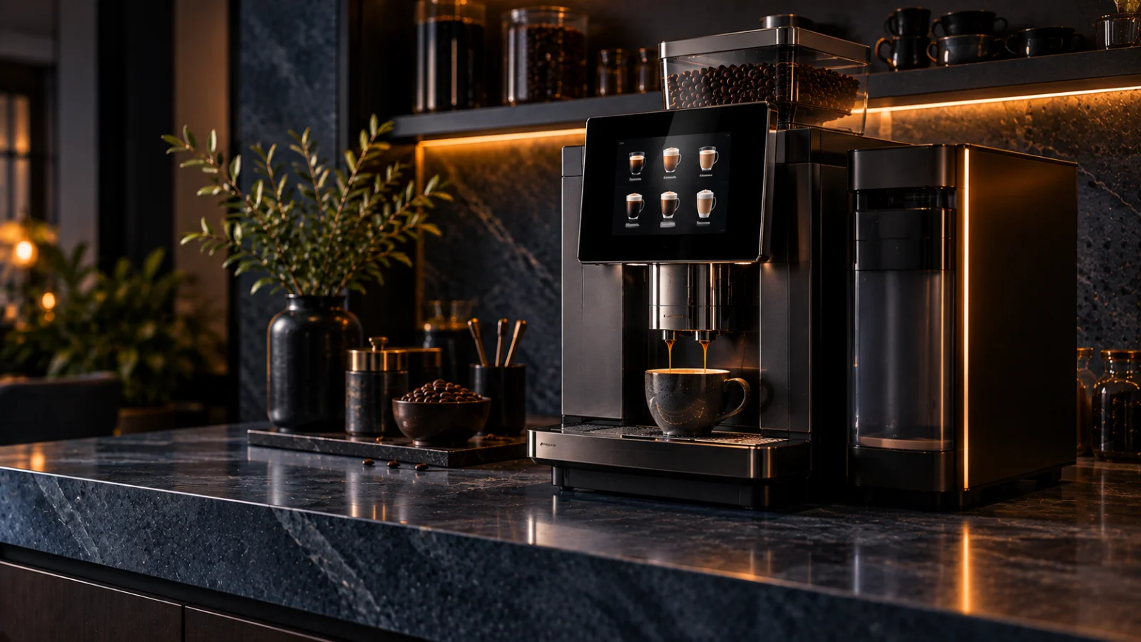 A superautomatic on a dark blue-grey stone counter with a warm amber rim light, representing coffee machine repair for Port Melbourne 3207 customers at Panica Coffee