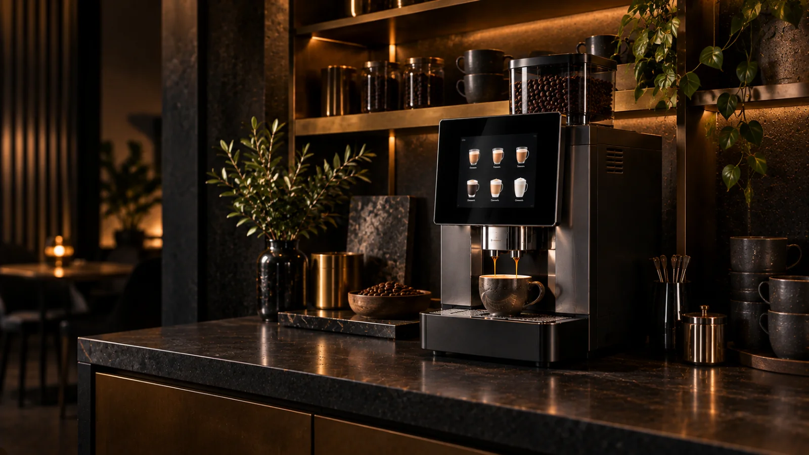 A compact superautomatic with dark brass shelving behind it, representing coffee machine repair for Ripponlea 3185 customers at Panica Coffee