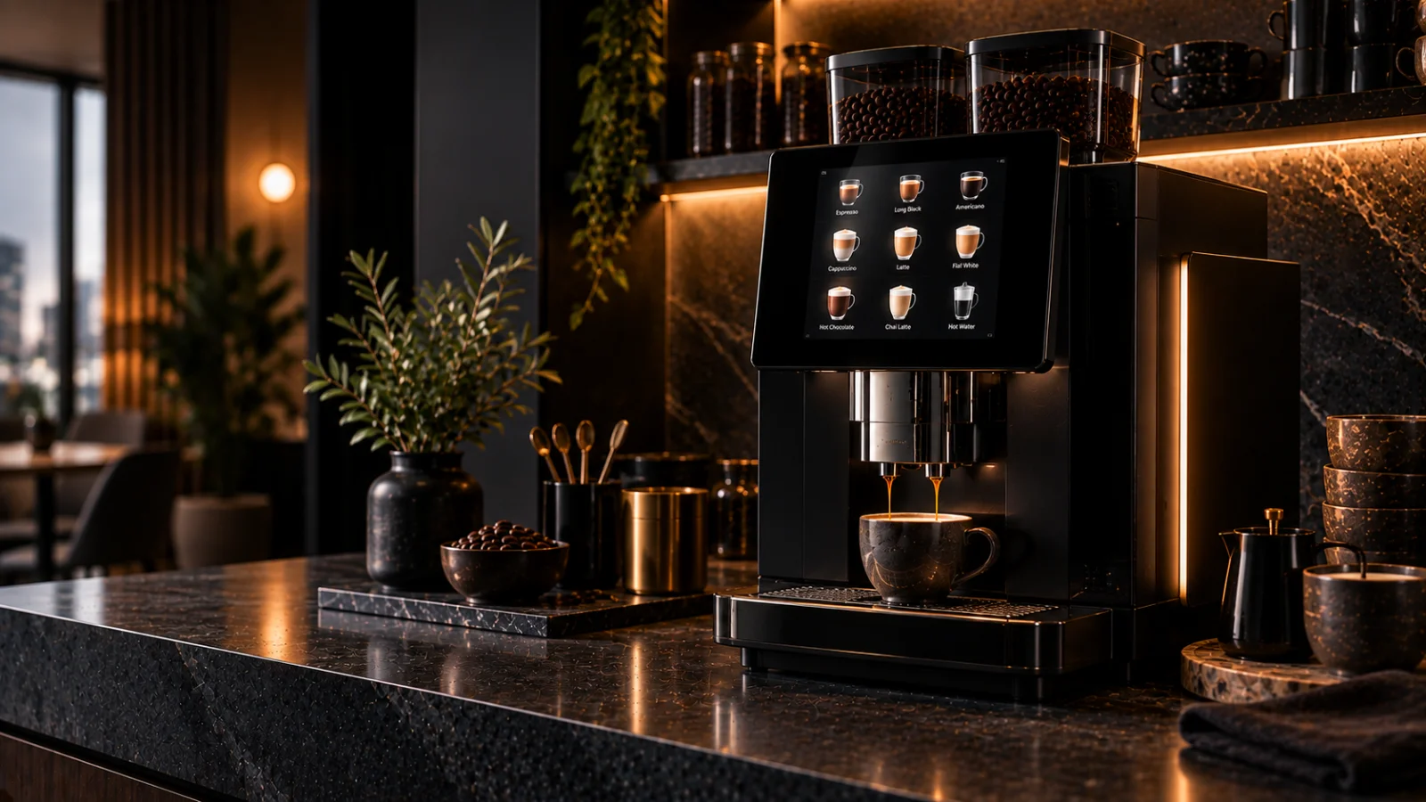 A sleek black superautomatic with a glowing touchscreen on dark stone, representing coffee machine repair for South Yarra 3141 customers at Panica Coffee