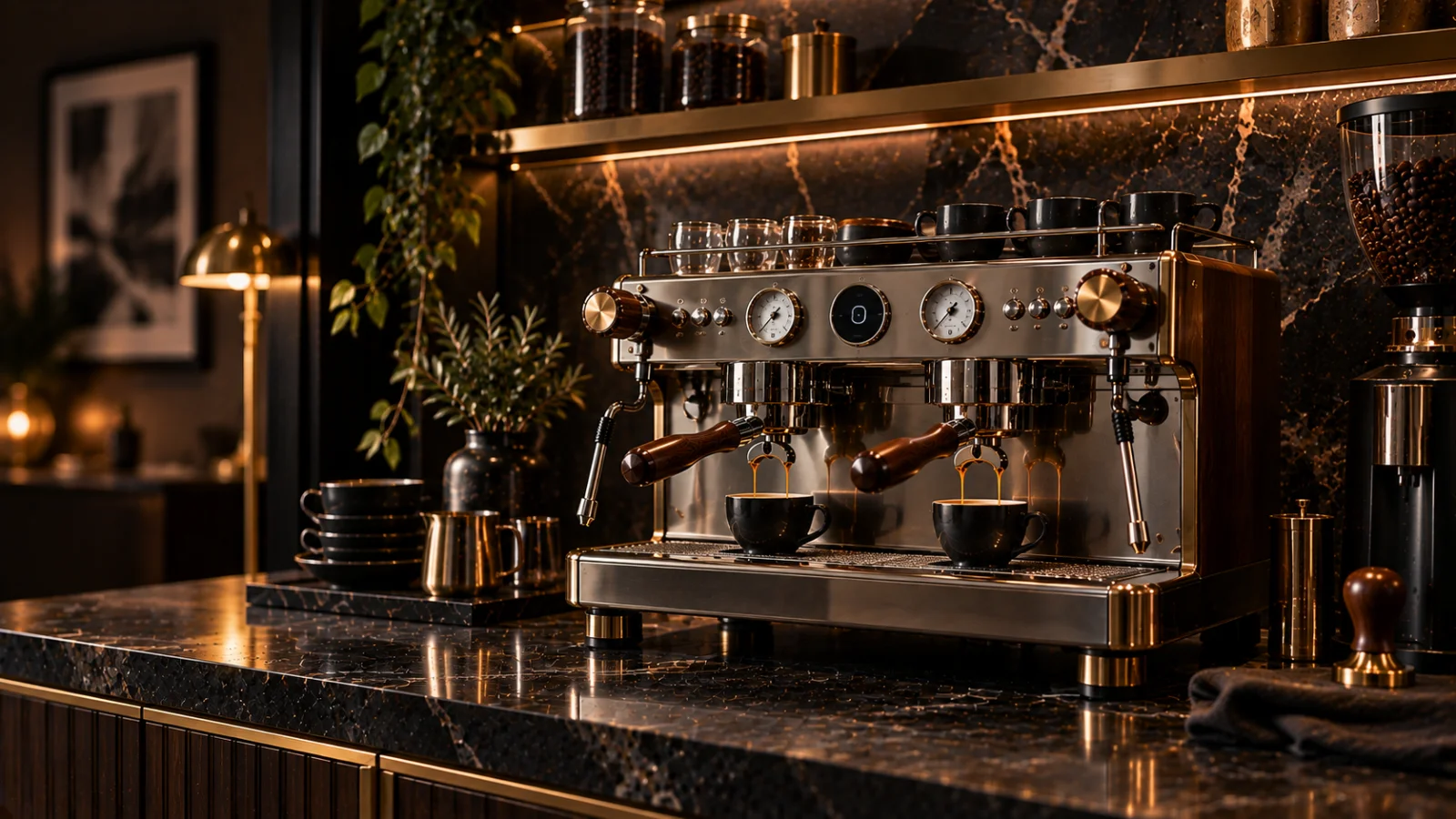 A high-end prosumer dual boiler machine surrounded by dark marble and brass, representing coffee machine repair for Toorak 3142 customers at Panica Coffee