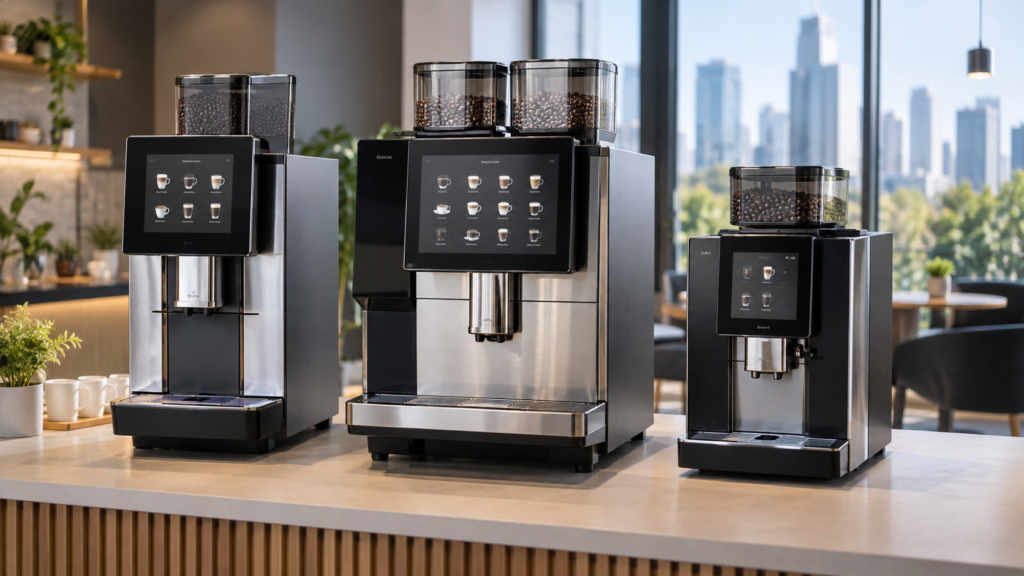 Three commercial superautomatic coffee machines of different sizes side by side on a showroom bench in Melbourne