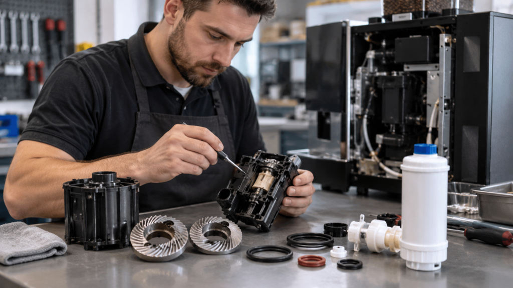 Technician inspecting a brew group beside grinder burrs, seals and a water filter cartridge on a workshop bench