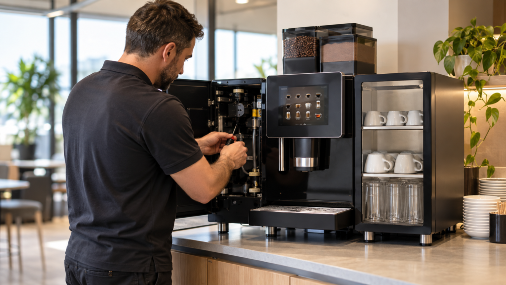 Technician servicing a commercial superautomatic coffee machine with the front door open in a Melbourne office kitchen