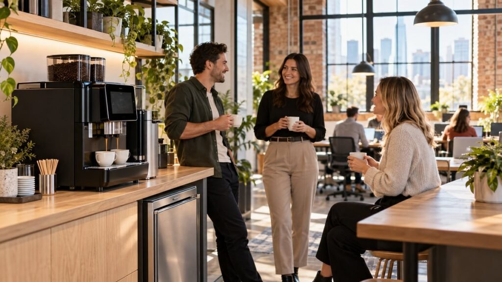 Coworking space coffee machine on the shared kitchen bench of a Melbourne coworking office
