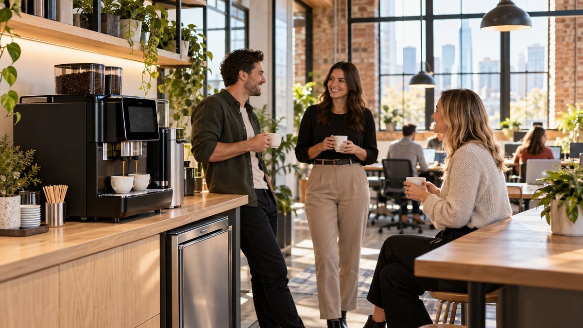 Coworking space coffee machine on the shared kitchen bench of a Melbourne coworking office