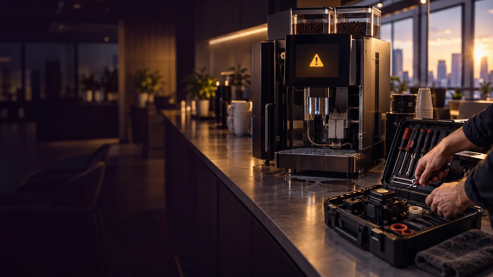 Technician arriving to repair a broken-down super-automatic commercial coffee machine